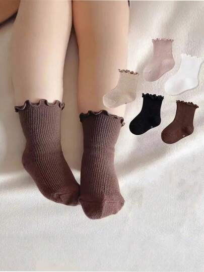 10pcs/5 Pairs Baby Socks With Ruffled Cuffs, Vintage Princess Style, For 0-5 Years Old