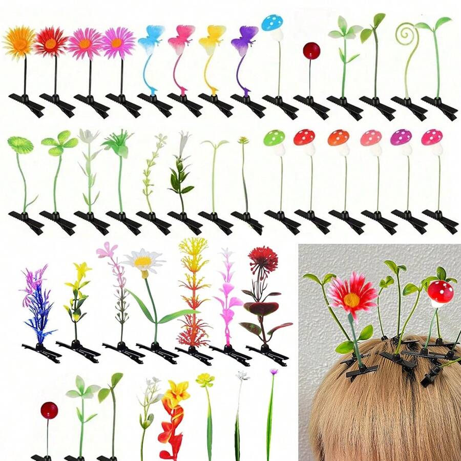 10 szt./20 szt. Słodkie zabawne sztuczne kwiaty i spinki do włosów z trawy, unisex motyl i grzybek sprężynowy zacisk projekt, nakrycia głowy na imprezę i występ na scenie