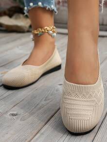 Round Toe Women Flat Shoes, Knitted Slip-On Casual Breathable Ballet Flats, Summer Lightweight Low Vamp Mother Shoes, Spring Comfortable Versatile Bohemia Style, Black, White, Olive Green, Beige, Sky Blue, Light Blue, Khaki, Light Brown, Navy, Yellow, Autumn/Spring Flats, Plus Size, Summer Mesh Sneakers, Casual Walking Shoes, Solid Color Loafers - Beige - View 5
