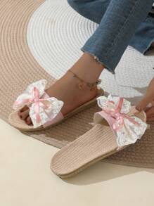 Chaussons en lin pour femmes, porter à l'intérieur et à l'extérieur pour les couples, décoration nœud en dentelle respirante antidérapante, légers, convient au printemps, à l'automne et à toutes les saisons