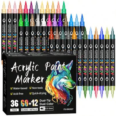 Set de 72 colores de rotuladores acrílicos de doble punta, de larga duración y resistentes a la decoloración, ideales para artistas, ilustraciones, manualidades, libros para colorear y otros proyectos DIY. Adecuado para papel, tela, madera, piedra, plástico, vidrio, cerámica, calabaza y talla grande. Excelente para estudiantes y adultos, también un regalo ideal para el Día de Acción de Gracias, Halloween, Navidad