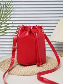 Women's Minimalist Daily Commute Draw String Shoulder Bucket Bag - Red - View 5