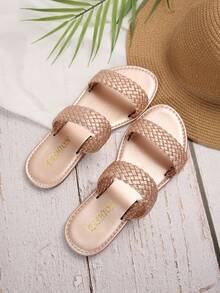 Nouvelles sandales plates à bride double tressée, style minimaliste, bout rond, confortable, pour femmes grandes tailles. Style casual, mode, plage, chaussures d'été - Or rose - Voir 5