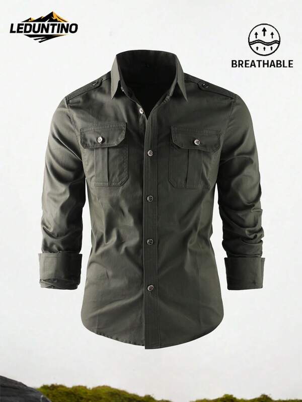 LEDUNTINO [Primavera/Verão] Camisa casual masculina com botões e estampa para atividades ao ar livre, verde sólido, esportiva, cargo, presente para namorado, camisa masculina de manga comprida primavera/outono com bolso duplo, design de lapela e detalhes nos ombros
