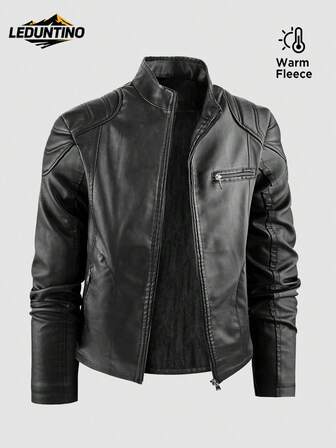 LEDUNTINO Men Fashion Zip Up Casual Outdoor Fleece Leather Jacket, Sports, Solid, Bomber, Boyfriend Gift, Men's Winter Fall Windproof Windbreaker Leather Jacket, Stand Collar, Motorcycle, Leather Jacket Spring Autumn Coat Men