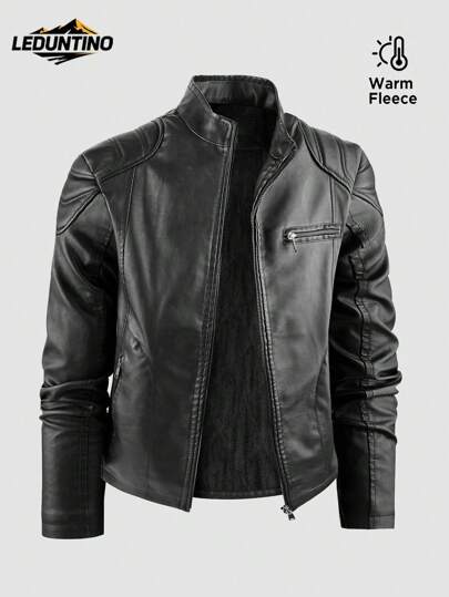 LEDUNTINO Moda masculina com zíper casual jaqueta de couro de lã para atividades ao ar livre, esportiva, sólida, bomber, presente para namorado, jaqueta de couro corta-vento masculina de inverno e outono, gola alta, motocicleta, jaqueta de couro primavera outono casaco masculino