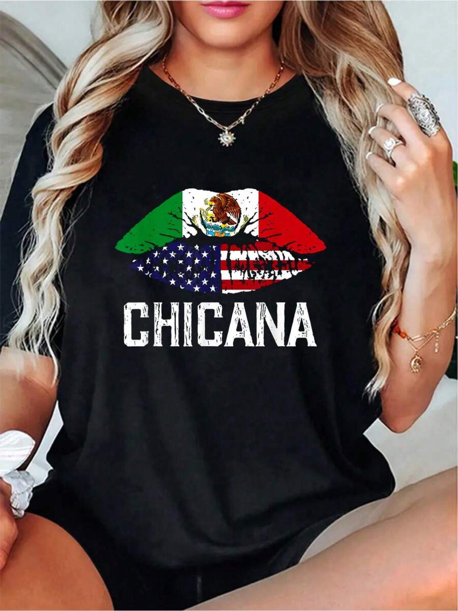 Chicana-Shirt Women Girls Kids Half American Half Mexican T-Shirt - 100% Cotton Beach Office Outfits For Woman Elegant Blouses For Women, Going Out Summer Tops Women, Women Top - màu đen - Xem 1