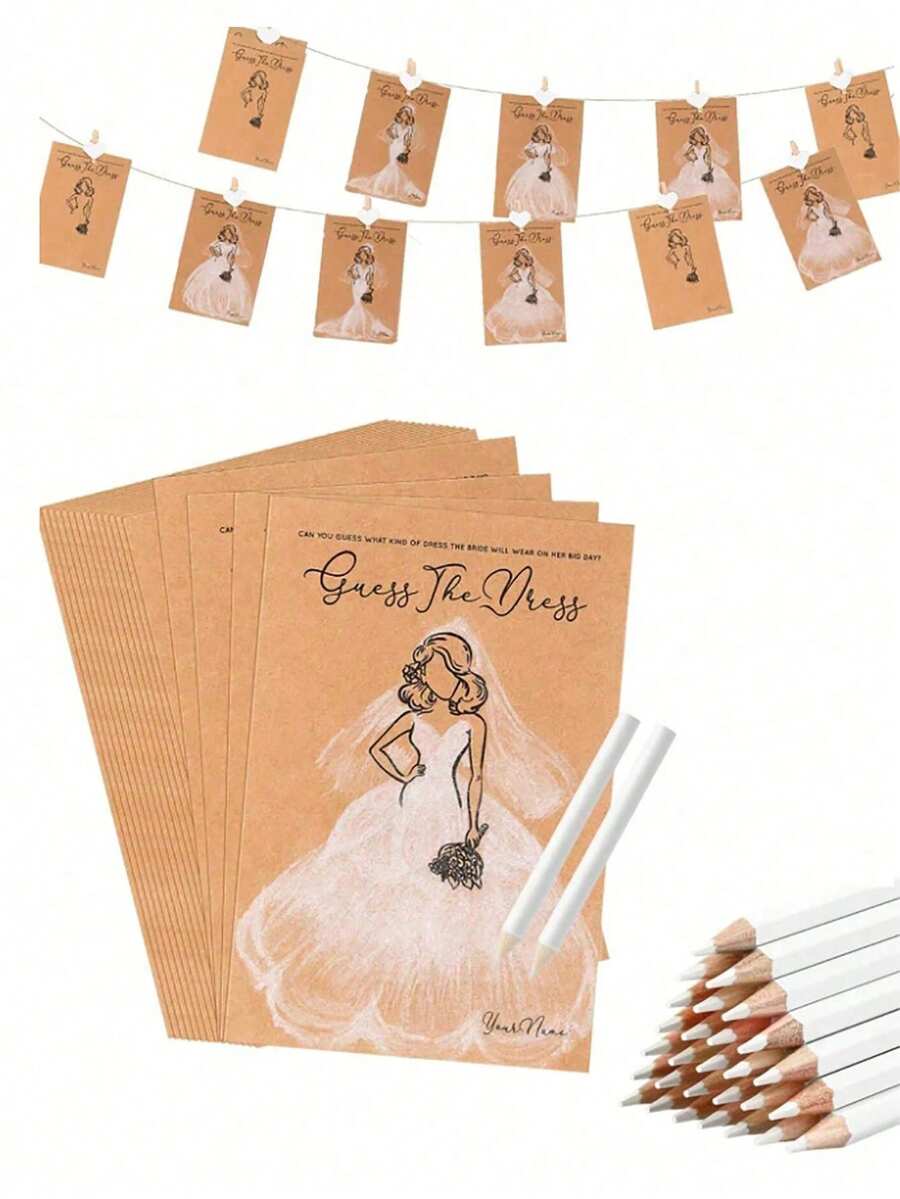 20pcs/Set The Dress" Bridal Shower Game Set - 10 Cards & White Pencils Included, Perfect For Wedding Party Decorations & Fun Guest Interaction - Multicolor - View 1