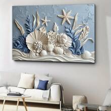 Framed Seashells And Starfish Canvas Wall Art - Wood Frame, Blue Floral Decor, Coastal Home Decor For Living Room Or Kids Magic Space, Wraparound Canvas Design, Beach Themed Decor, Great For Room Decor, Ready To Hang