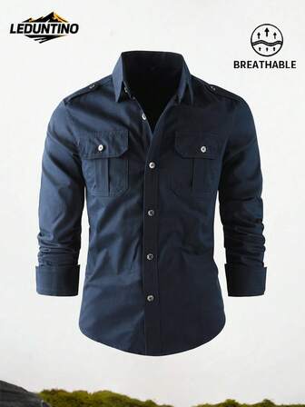 LEDUNTINO [Primavera/Verano] Camisa casual con botones de moda para hombre, verde sólido, deportiva, de carga, regalo para novio, camisas de manga larga para hombre para primavera otoño, de doble bolsillo, con diseño de solapa y hombros, para usar en primavera y otoño