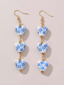 1 Pair Vintage Handpainted Blue And White Porcelain Beaded Earrings, Elegant Dangle Earrings For Women