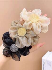 3pcs Girls' Floral Hair Accessories Set For Buns Including Beige Organza Flower Hair Elastic, Brown Flower Hair Clip, And Black Hair Tie That Are Suitable For Daily Life