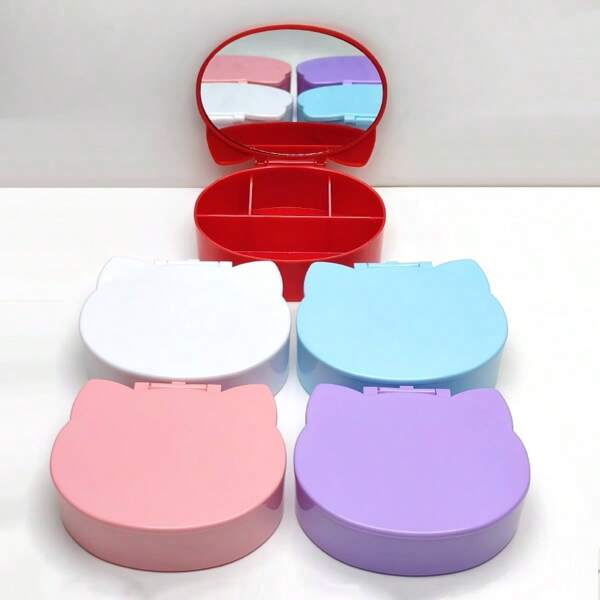 A Large Capacity Cute Cat Ears With Mirror Divider Table Jewelry Box