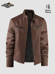LEDUNTINO 男士时尚拉链休闲户外加厚抓绒皮夹克，运动风，纯色，飞行员夹克，街头风，男友礼物，男士秋冬夹克上衣，立领，机车风，防风，风衣，男士皮夹克春秋外套 - 咖啡棕 - 查看 1