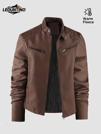 LEDUNTINO Erkek Moda Fermuarlı Günlük Kalın Polar Deri Ceket, Spor, Düz Renk, Bomber, Sokak, Erkek Arkadaş Hediyesi, Erkek Kış Sonbahar Ceket Üstleri, Dik Yaka, Motorcu, Rüzgar Geçirmez, Rüzgarlık, Deri Ceket İlkbahar Sonbahar Mont Erkek
