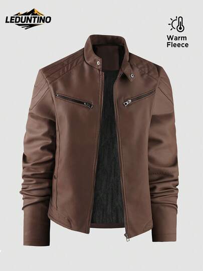 LEDUNTINO 男士时尚拉链休闲户外加厚抓绒皮夹克，运动风，纯色，飞行员夹克，街头风，男友礼物，男士秋冬夹克上衣，立领，机车风，防风，风衣，男士皮夹克春秋外套