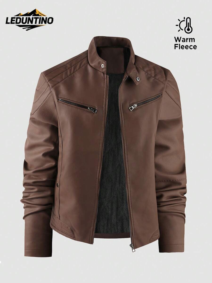 LEDUNTINO 男士时尚拉链休闲户外加厚抓绒皮夹克，运动风，纯色，飞行员夹克，街头风，男友礼物，男士秋冬夹克上衣，立领，机车风，防风，风衣，男士皮夹克春秋外套 - 咖啡棕 - 查看 1