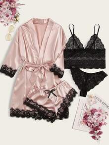 4-Piece Women's Satin Pajamas, Beautiful And Sexy, Soft And Comfortable. It Includes A Satin Robe, A Lace Camisole, A Lace Panty And A Satin Shorts. Suitable For Home Leisure Wear. Sexy Pajamas Are The Perfect Choice For Elegant Women - Hồng - Xem 1