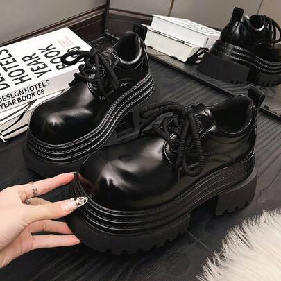 Cute Comfortable Loafers, Retro Round Toe Chunky Leather Shoes, Distressed Finish, Black