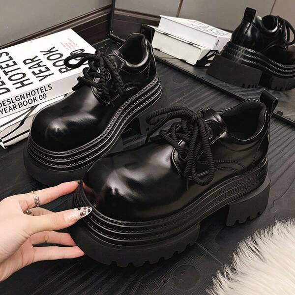 Cute Comfortable Loafers, Retro Round Toe Chunky Leather Shoes, Distressed Finish, Black