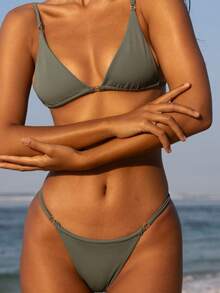 2025 New Sexy Bikini Swimwear, European & American Style Reversible Solid-Color Split Back Tie Up Two Pieces Women's Swimwear - Army Green - View 1