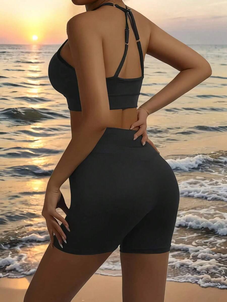 1 Set Women High Elasticity Sports Outfit, Adjustable Padless Sports Bra And Shorts For Outdoor/Swimwear