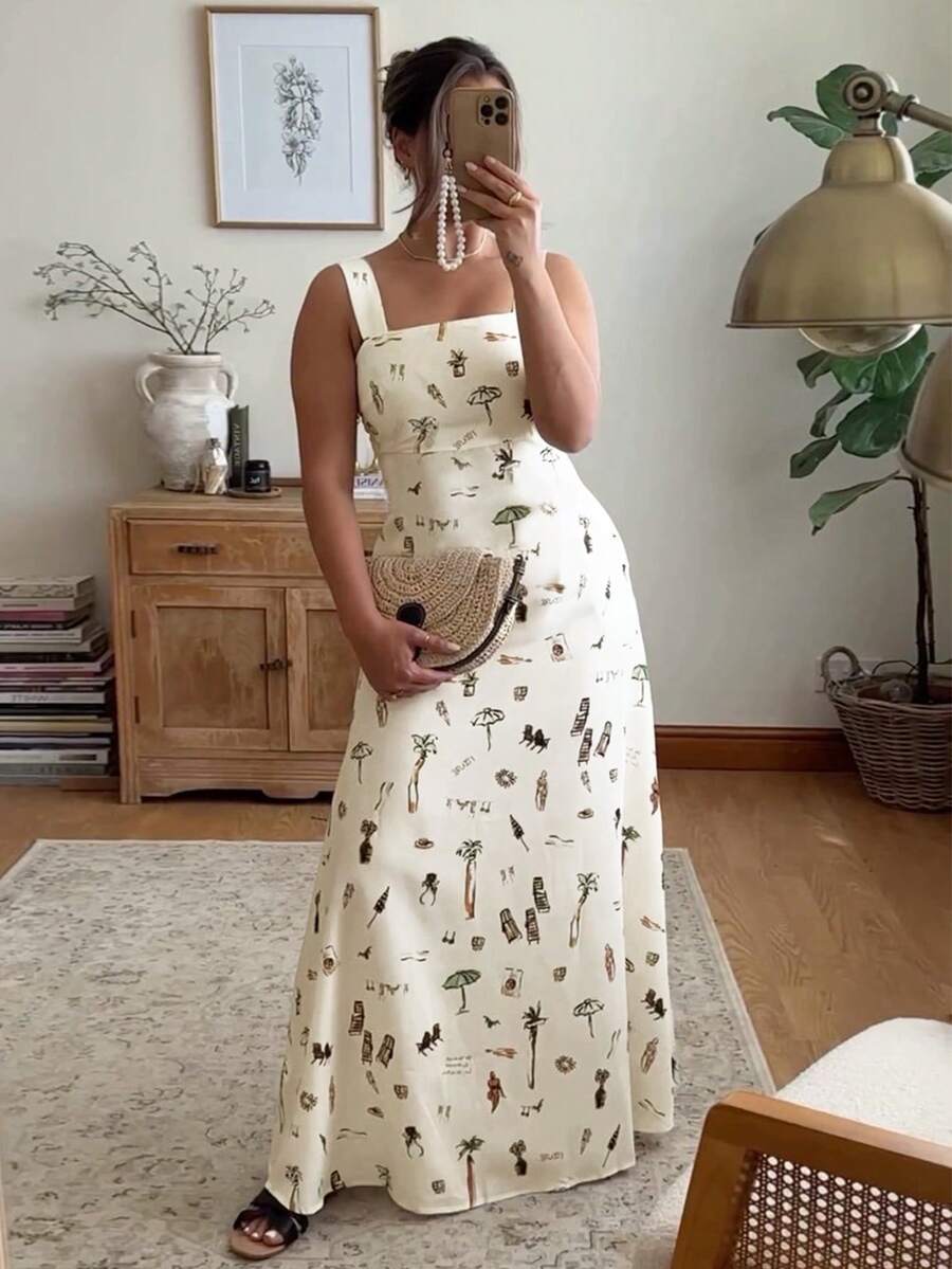 加大码花卉印花口袋连衣裙，法式风格，无袖，高腰系带，涂鸦设计，学校/工作休闲装，简约办公室装，复古，女士度假连衣裙