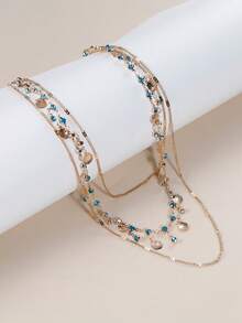 1pc 3-Layer Blue Zirconia & Golden Shell Necklace, Unique Design Delicate Jewelry - Blue - View 2