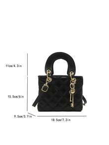 Spring/Summer New Women's Handbag, Toffee Color, Retro Fashion Rhombus Pattern Mini Tote Bag, Square Shape, Zipper Closure, Adjustable Long Shoulder Strap, Small Capacity Lightweight Crossbody Bag - Black - View 7