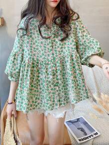 YUXIN 夏季新款宽松甜美3/4袖圆领休闲衬衫，时尚蝙蝠翼碎花衬衫