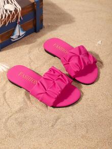 夏季新款圆头褶皱设计女童户外拖鞋，时尚大方，纯色西部儿童平底凉鞋 - 玫紅色 - 查看 5