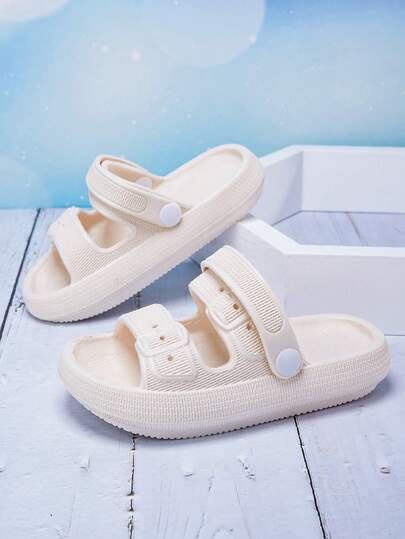 1 Pair Girls' Comfortable Lightweight Double Strap Design Convertible Sandals/Slides, Fashionable Casual Slip-On Slippers