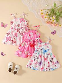 3pcs/Set Baby Girls' Cartoon Butterfly Printed Cute Strap Dress With Bow, Summer Resort Style