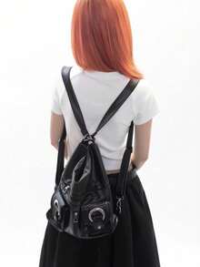 New Stylish Korean Version Multi-Function Personalized Versatile Backpack/Shoulder/Crossbody PU Leather Bag, Large Capacity For School, Shopping, Students - Black - View 4