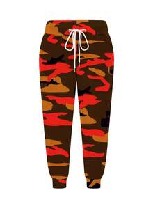 Plus Size Women Camouflage Print Drawstring Waist Casual Pants - Orange - View 3