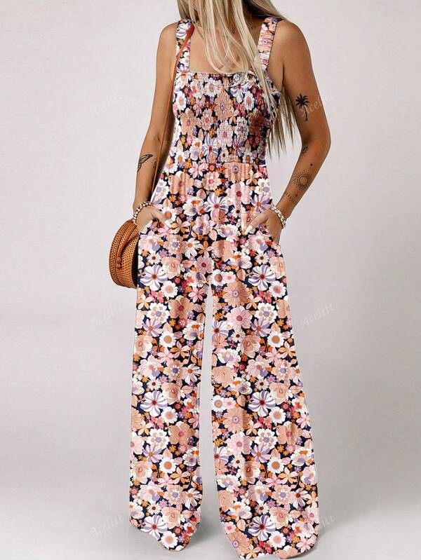 Acelitt Sommer Damen Boho Blume Muster Quadratischer Ausschnitt Kabel Plissee Patchwork Tasche Ultra weit weites Bein lässiger Träger Jumpsuit