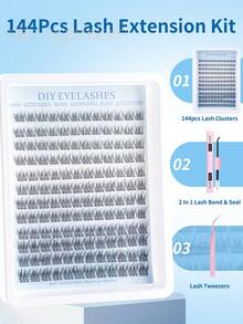 144/168pcs Natural Curly False Eyelashes Set, 168pcs Cluster False Eyelashes Set, Delicate Eyelash Extension, 8-16mm Individual False Eyelashes, Comes With Eyelash Glue And Eyelash Tweezers, Suitable For DIY At Home - 黑色 - 查看 4