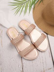 Nouvelles sandales plates à bride double tressée, style minimaliste, bout rond, confortable, pour femmes grandes tailles. Style casual, mode, plage, chaussures d'été - Or rose - Voir 6
