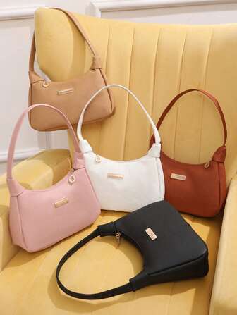 荔枝纹 PU 女包，时尚女士单肩包，纯色合成皮革手提包，拉链开合，带腕带，涤纶内衬，多功能腋下饺子包 - 有白色、黑色、粉色、卡其色、棕色可选