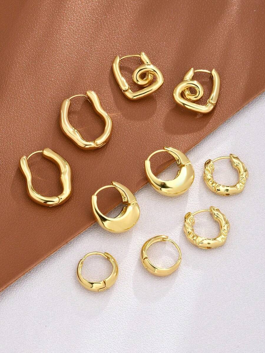 5Pcs/Set Minimalist Asymmetrical Geometric Hollow Water Drop Elegant Unique High-End Design Ear Clip Earring Set - Type a - View 1