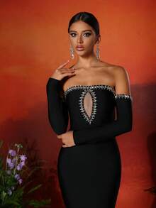 Love Aing 女士性感露肩长袖水钻鱼尾网眼拼接绷带派对优雅连衣裙、婚礼宾客礼服、舞会礼服 - 黑色 - 查看 7