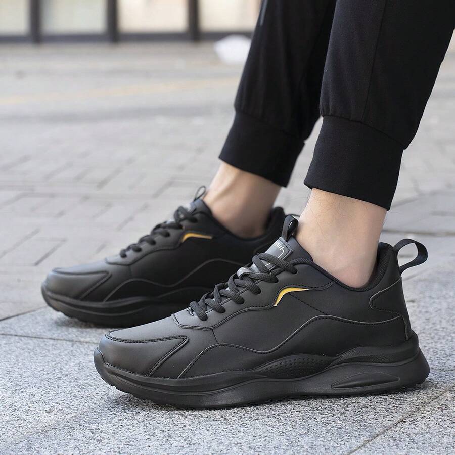 男士系带时尚酷炫轻便旅行鞋，防水防滑休闲跑步鞋，四季皆宜的软底黑色皮鞋 - 黑色 - 查看 1
