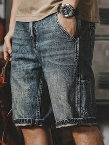 Men's Non-Elastic Summer Waist Fashion Jeans, Youth Popular Straight Washed Five-Point Denim Shorts - Màu xanh lam - Xem 2