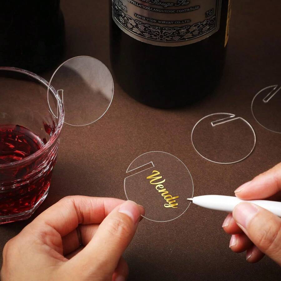 [Múltiples especificaciones disponibles] Inserción de decoración de bebida de acrílico transparente para boda, fiesta de cumpleaños, DIY, etiqueta creativa para taza (redonda/con forma de corazón) 10/20/30 piezas Decoración reutilizable para el borde de la taza
