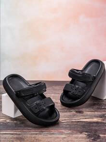 1 Pair Boys' Comfortable Lightweight Dual-Strap Design Casual Sandals/Slippers, Fashionable And Foam Slides, Summer - Black - View 6