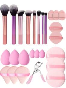 26件套完整化妆工具套装,基础面部化妆工具套装,化妆刷海绵套装,包含8支化妆刷、3个圆形粉扑、2个气垫粉扑、3个拇指粉扑、3个水滴蛋、3个迷你水滴蛋、3个三角粉扑、1个睫毛夹,适用于腮红、粉底、保湿霜和散粉。化妆刷套装,化妆刷套装,化妆刷套装,完整化妆套装,化妆刷套装,化妆刷套装,化妆刷套装,化妆礼盒套装 - 彩色 - 查看 2