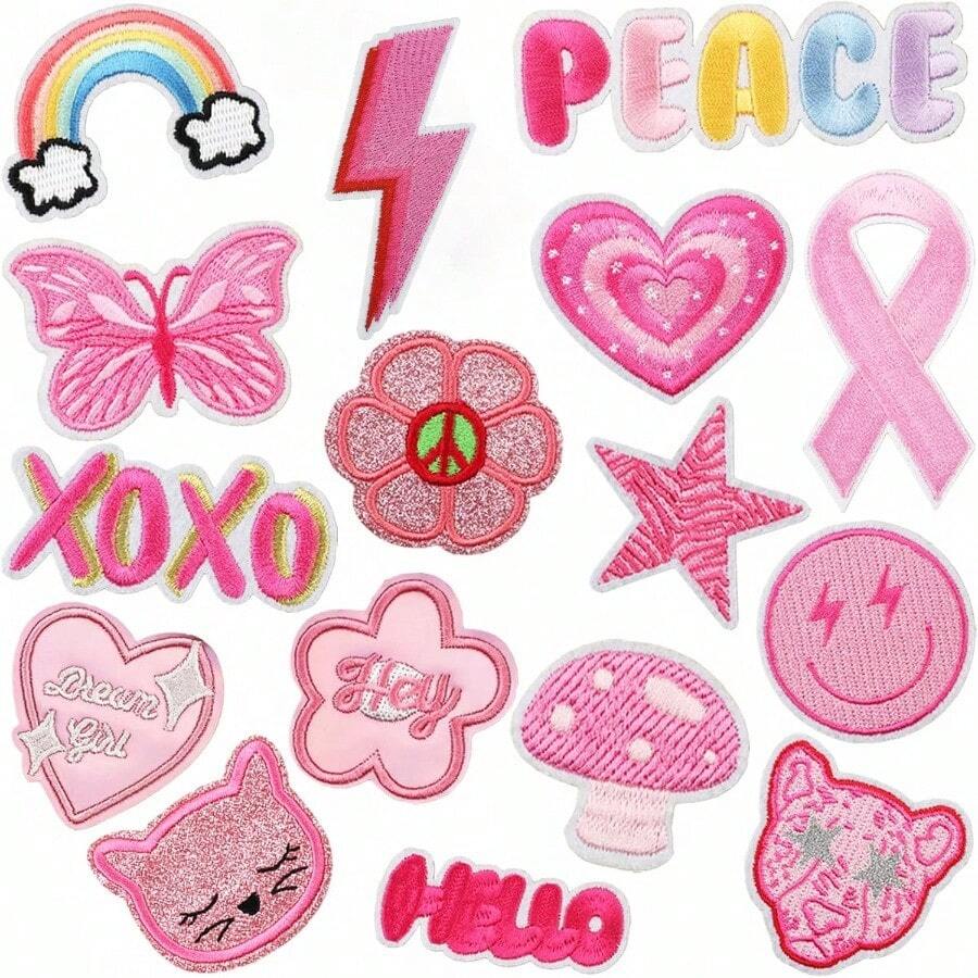 16pcs Pink Iron On Patches, Embroidered Sew Applique Repair Patch For Backpacks, Clothes, Dress, Hat, Jeans, Pant, Shoe, Bags, DIY Accessories - 彩色 - 查看 1