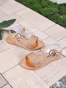 New 2025 Summer Girls' Sandals Breathable Children's Flat Woven Fashion Outdoor Beach Hook And Loop Sandals - Bronze - View 1
