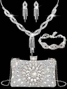 Bộ trang sức đính đá lấp lánh, vòng cổ, hoa tai, vòng tay, bộ dành cho nữ, túi cầm tay buổi tối, túi cầm tay cô dâu, đám cưới, pha lê thủy tinh lấp lánh, kim cương trang trí, ví cầm tay cho nữ, túi dự tiệc, có dây xích kim loại có thể tháo rời, dùng cho đám cưới và tiệc tùng, túi đeo vai cho nữ, ví cầm tay cho nữ, túi buổi tối cầm tay cho nữ, túi cầm tay lấp lánh đa năng, ví cầm tay cho tiệc cocktail, đám cưới, túi tiệc mới - Bạc - Xem 14