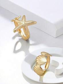 1 Set Of 2pcs Adjustable Starfish & Shell Design Rings, Personalized Ocean Style Vacation Jewelry For Women - Gold - View 4